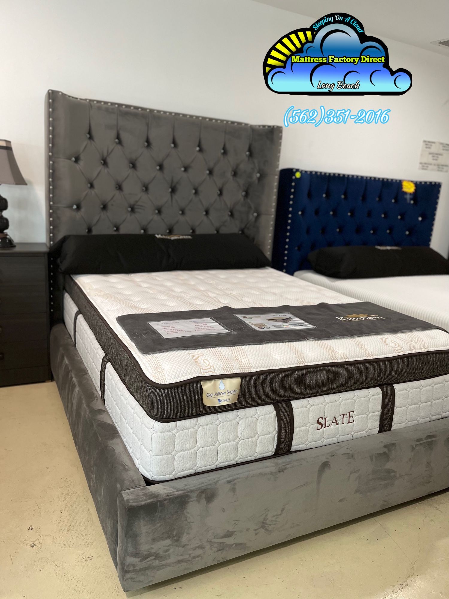 Grey Velvet Bed Frame With Slate Copper Pillowtop Mattress In Queen Size