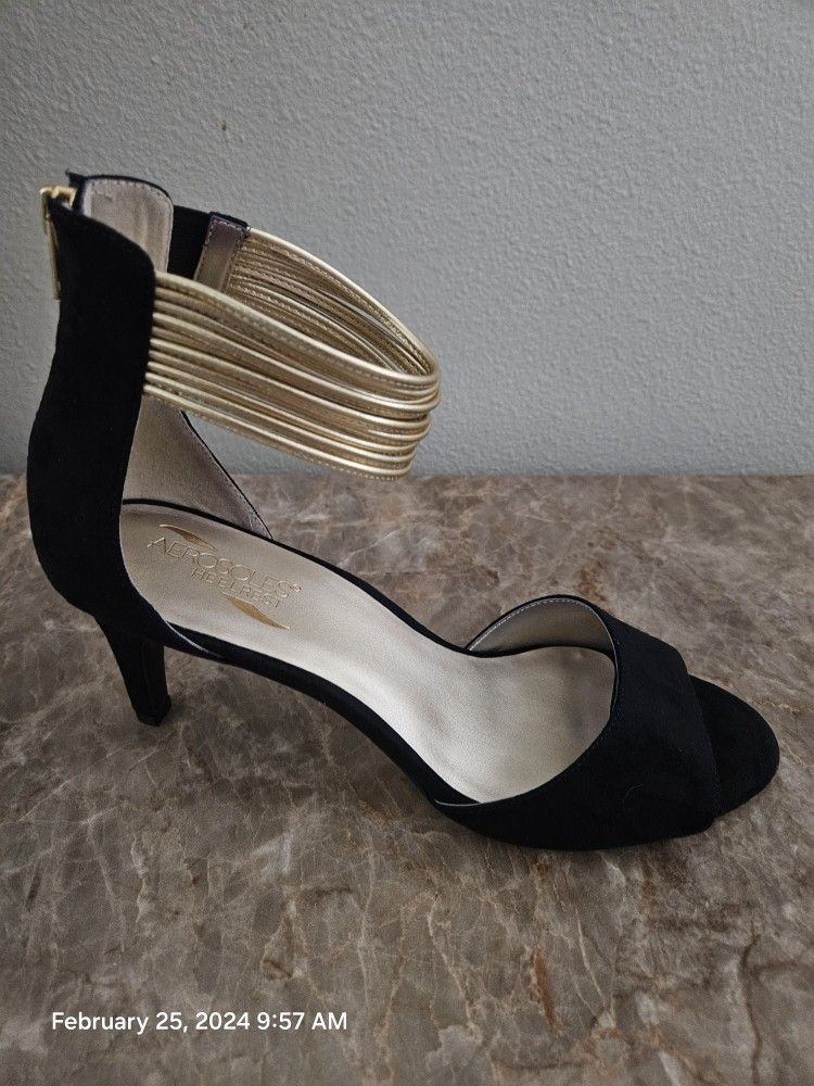 Aerosoles Women’s Glamour Girl Black and Gold Leather Ankle Strap