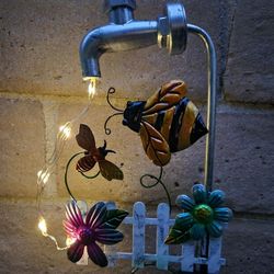 Metal Bumble Bees With Faucet Flashing Solar Stake Yard Art Home Decor, 36" H