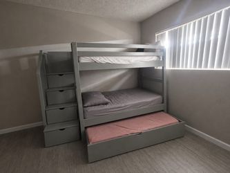 Gray Wood Bunk Bed with Stairs and Trundle