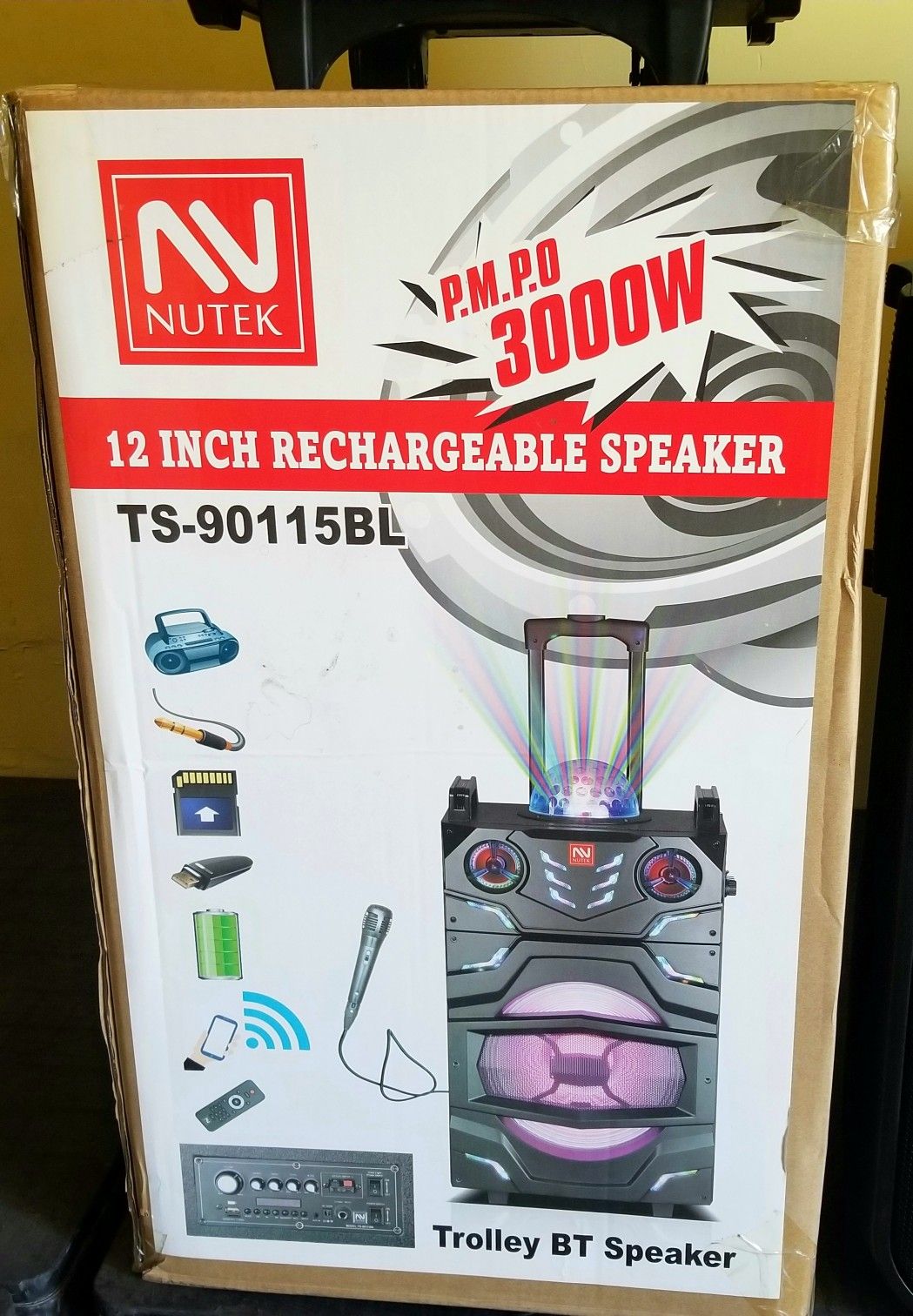 12" bass rechargeable party speaker. Bluetooth. FM radio. Microphone included. Brand new.