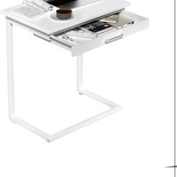 C Shaped End Table,Small Couch Side Table with Drawer,for Living Room, Bedroom Magazines, Computers, Coffee, Small Objects Storage.White