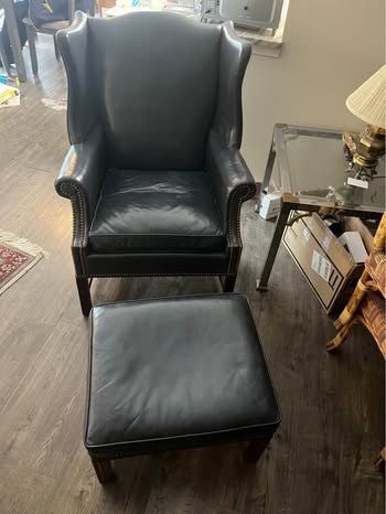Vintage Cobalt Blue Leather Wingback Chair + Ottaman