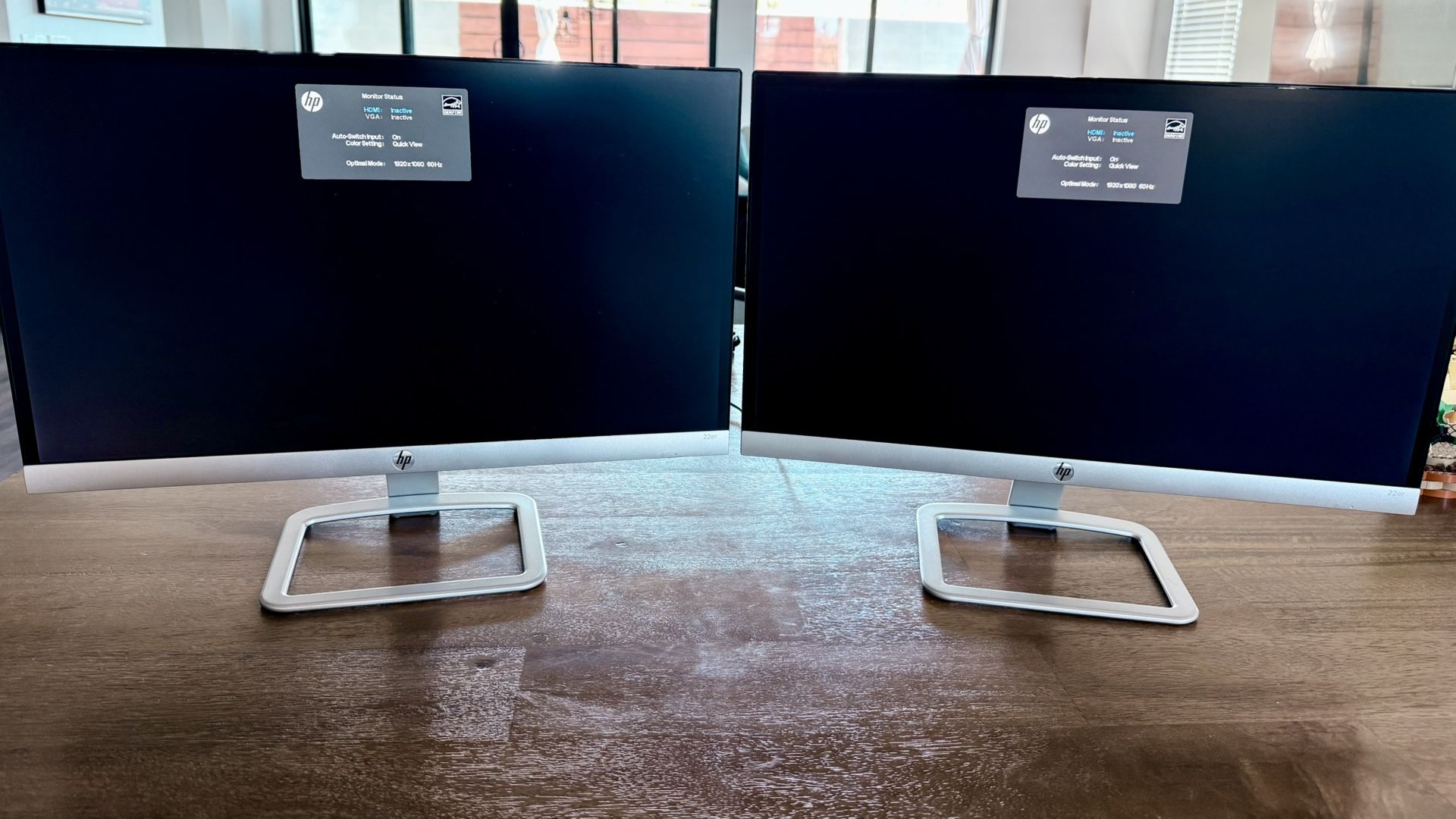 Two HP 22ER 21.5” Monitors