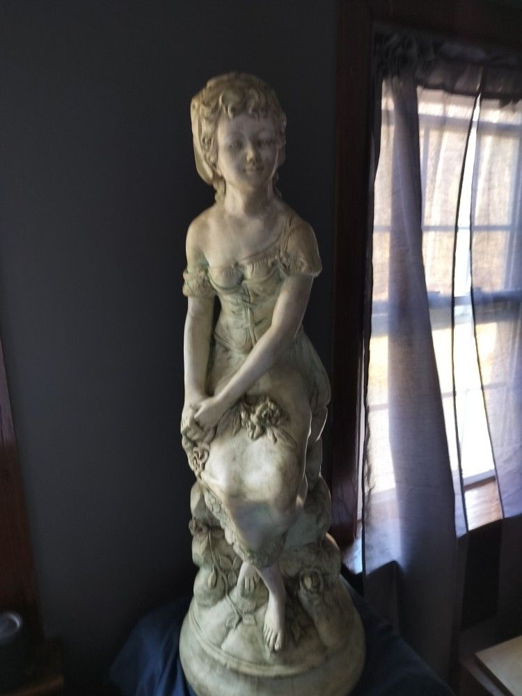 Vintage 34" Plaster Garden Maiden Statue – Floral Base – Sears 1970s