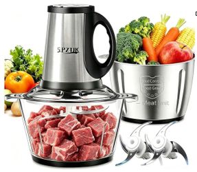SPZTJK 3-Speed Electric Food Processor: Meat Grinder, Vegetable Chopper & Baby Food Maker - 300W, 2 Bowls (8 Cup Stainless Steel+8 Cup Glass), Quiet O