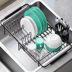 Urackify Dish Drying Rack in Sink - Expandable (14.5''-18''L) Over The Sink Dish Rack with Utensil Holder, Space-Saving Dish Drainer for Kitchen Count