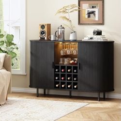 Wine Bar Cabinet with LED Light,Modern Liquor Whiskey Coffee Station with Wine Rack and Glass Holder, Farmhouse Buffet Sideboard with Storage for Livi