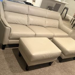 Beige Leather Sofa & Ottomans
