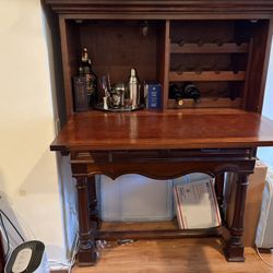 Solid Wood Drop-Front Bar Cabinet with Wine Rack