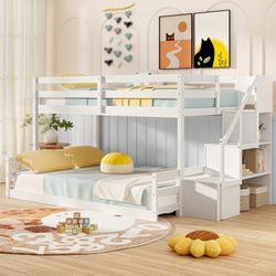 Luxury Twin Over Full Bunk Bed with Stairs & Storage — LIKE NEW