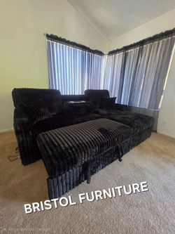 ❇️ Sectional Sofa Bed, Black Fur-Like Corduroy, Storage Chaise, Cup Holders, New in the Box.