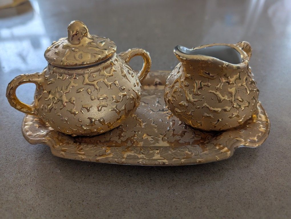 "Weeping Gold" MCM Cream And Sugar Set With Tray And Bud Vase