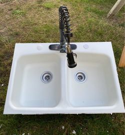 Cast Iron Double Basin Kitchen Sink with Faucet