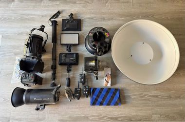 Photography Gear Assortment - Flash, Monopod, LED Video Lights