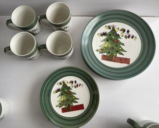 Christmas Tree Plates / Mugs Set  - Hand Painted Festive & Whimsical 