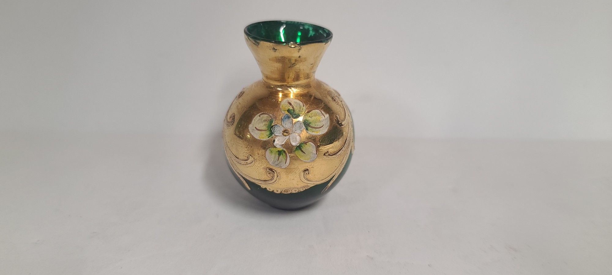 Beautiful Vintage Minature Emerald Green Handpainted Bud Vase Bohemian Glass