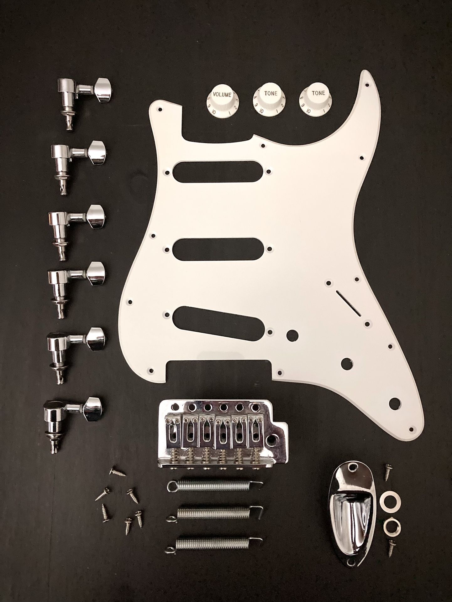 Fender Squire Strat Original Parts- Pick Guard, Tremolo, Tuners, Knobs, Jack Plate