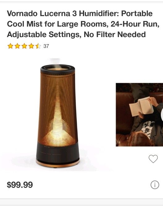 Vornado Lucerna 3 Humidifier: Portable Cool Mist for Large Rooms 24 Hour Run Adjustable Settings No Filter Needed