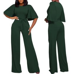 BessCops Womens Loose Short Sleeve Belted Wide Leg Pant Romper, Green
