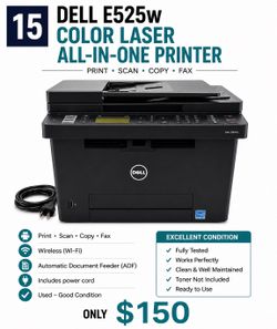 number if you prefer) * DELL E525w COLOR LASER ALL-IN-ONE PRINTER title * Clean white background * Printer centered * Bullet points:     * Print • Sca