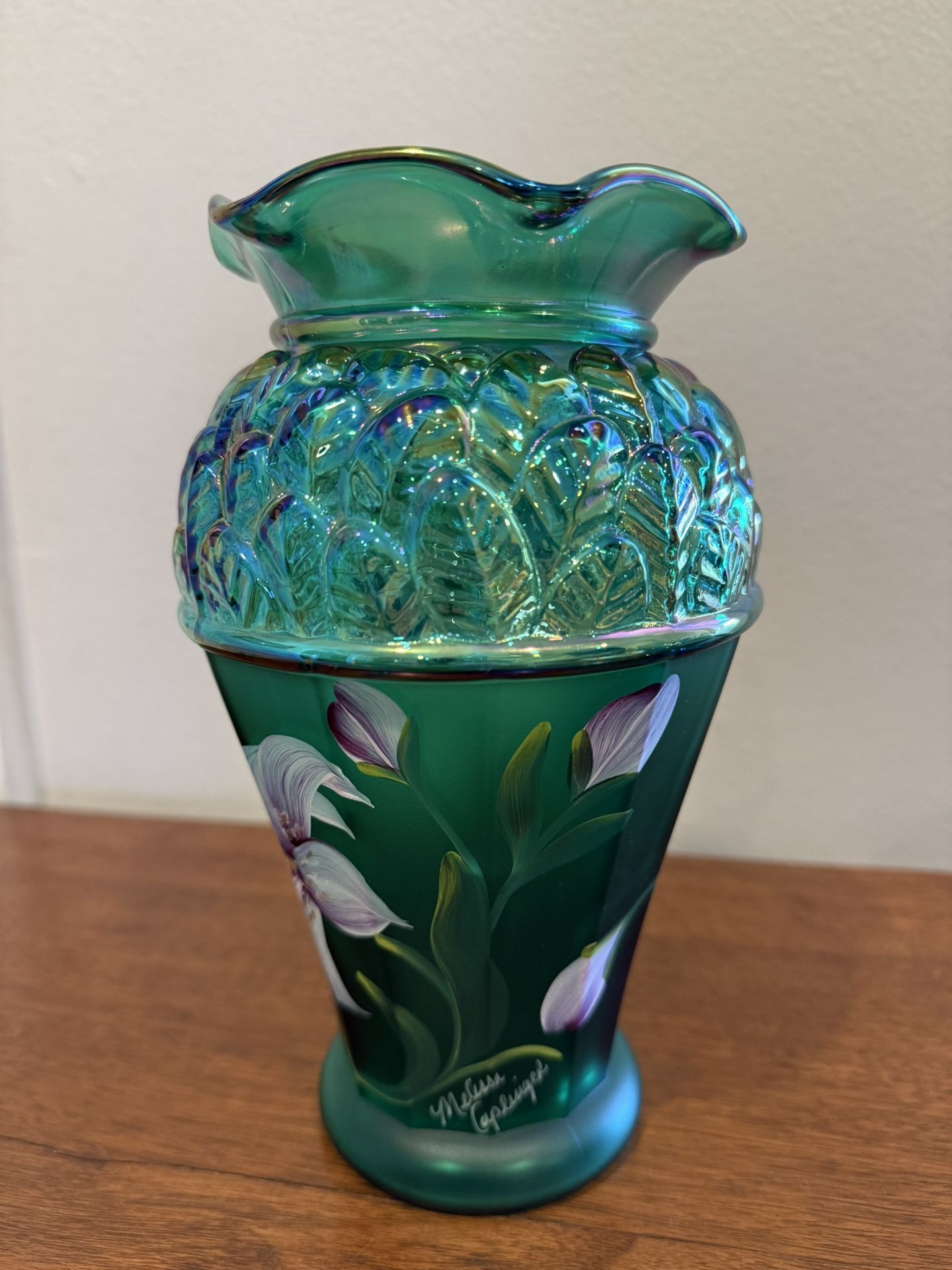 Fenton HP Tiger Lily Emerald Green "Leaf" Vase QVC...#C64506...2001