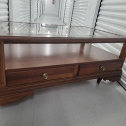 Solid Wood Coffee Table w/ Glass Top + 2 Matching End Tables
