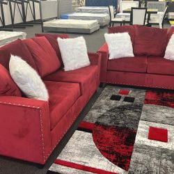 2pcs Red Velvet Sofa & Loveseat $799 OR $42 Down Payment!!🤩Showroom item!