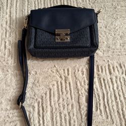 Michael Kors Navy Blue Crossbody Bag MK Logo Print Gold Lock Small Satchel Purse