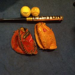 Easton Bat,2 Rawlings Gloves,Plus 2 balls