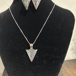 New, Firm, 3 Piece set of Sterling Silver Arrowhead Pendant and Earrings inlaid with Turquoise. Pendant on an 18-in SS chain