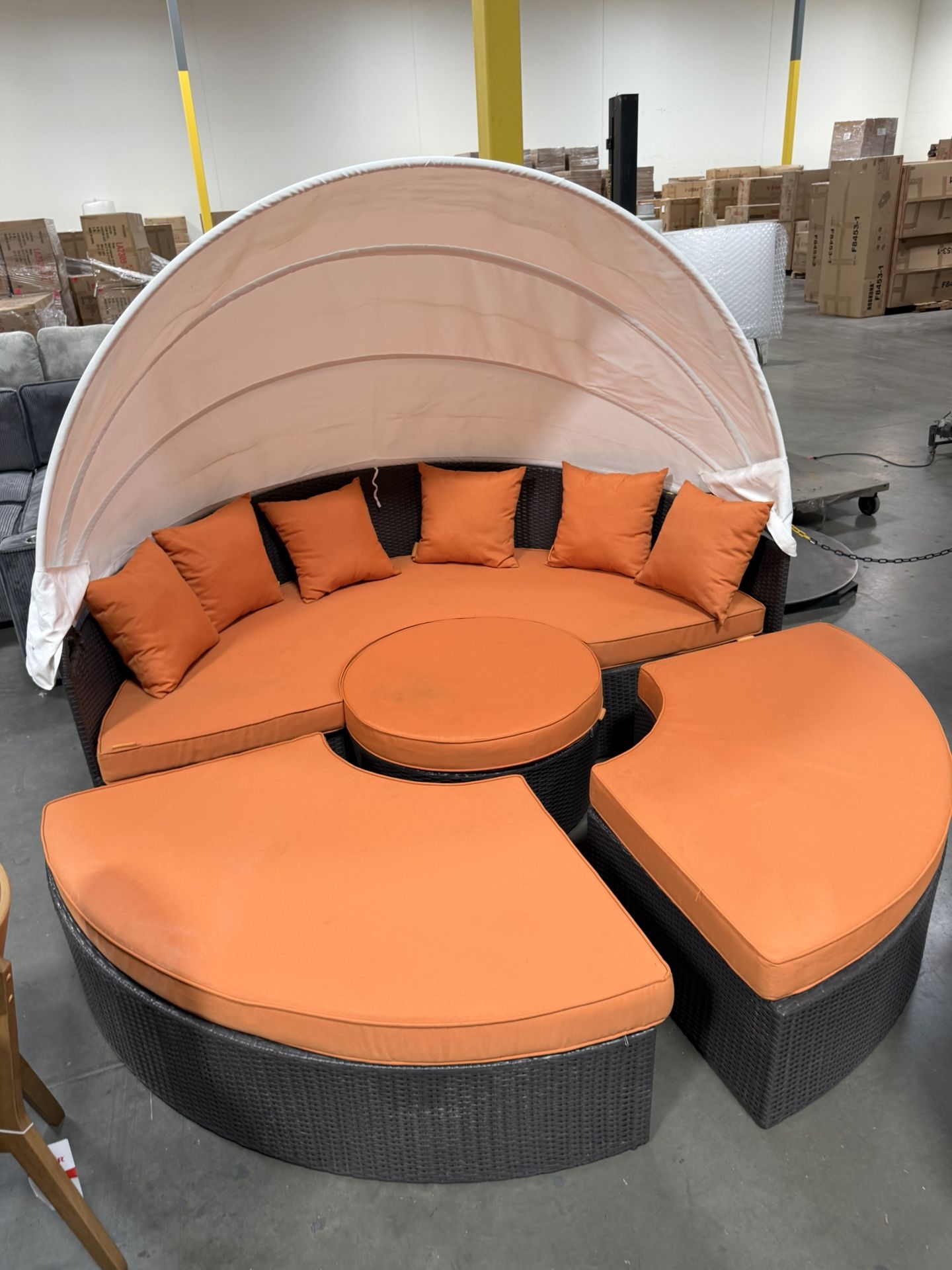 87”Dia Canopy Patio Furniture , Patio Bed Furniture, Wicker Furniture, Big Round Patio Set, Outdoor Furniture, Orange Cushions Patio, Wicker Sofa