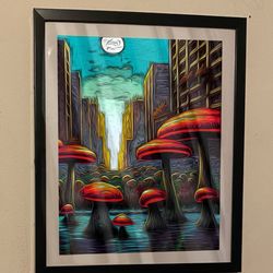 Mushroom City Custom Art Piece On Black Frame