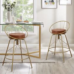 Swivel Bar Stools Set of 2 Gold Metal Barstools Modern Counter Height Stool with Backs Upholstered Bar Chairs 30 inch, Brown