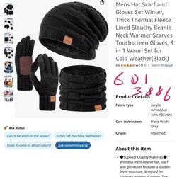 Mens Hat Scarf and Gloves Set Winter, Thick Thermal Fleece Lined Slouchy Beanie Neck Warmer Scarves Touchscreen Gloves, 3 in 1 Warm Set for Cold Weath