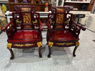 Mid Century Chinese Asian Rosewood & Marble Armchairs Pair