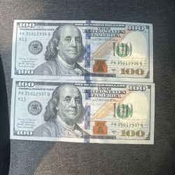 One Hundred Dollar Bills $100 Consecutive Numbers