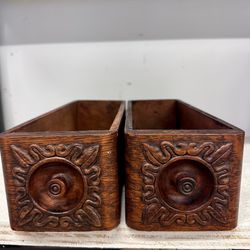 Set of 2 matching antique wooden sewing machine drawers. Great for storage  14 1/2” long x 4 3/4” wide x 4” tall  Beautiful wood with intricate detail