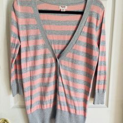 Mossimo Pink Gray Stripes L size 100% cotton V-neck button cardigan thin sweater loose soft comfortable breathable