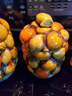 Mid century Inarco orange spice fruit basket 8 piece canister set Thumbnail