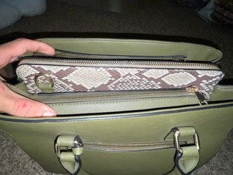 Structured Olive Green Satchel Handbag with Snakeskin Print Accent Compartment