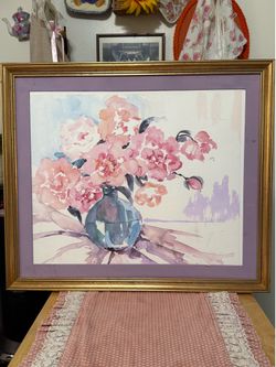 Large Vintage Style Floral Watercolor Painting signed by artist Gold Frame Cottagecore Grandmacore