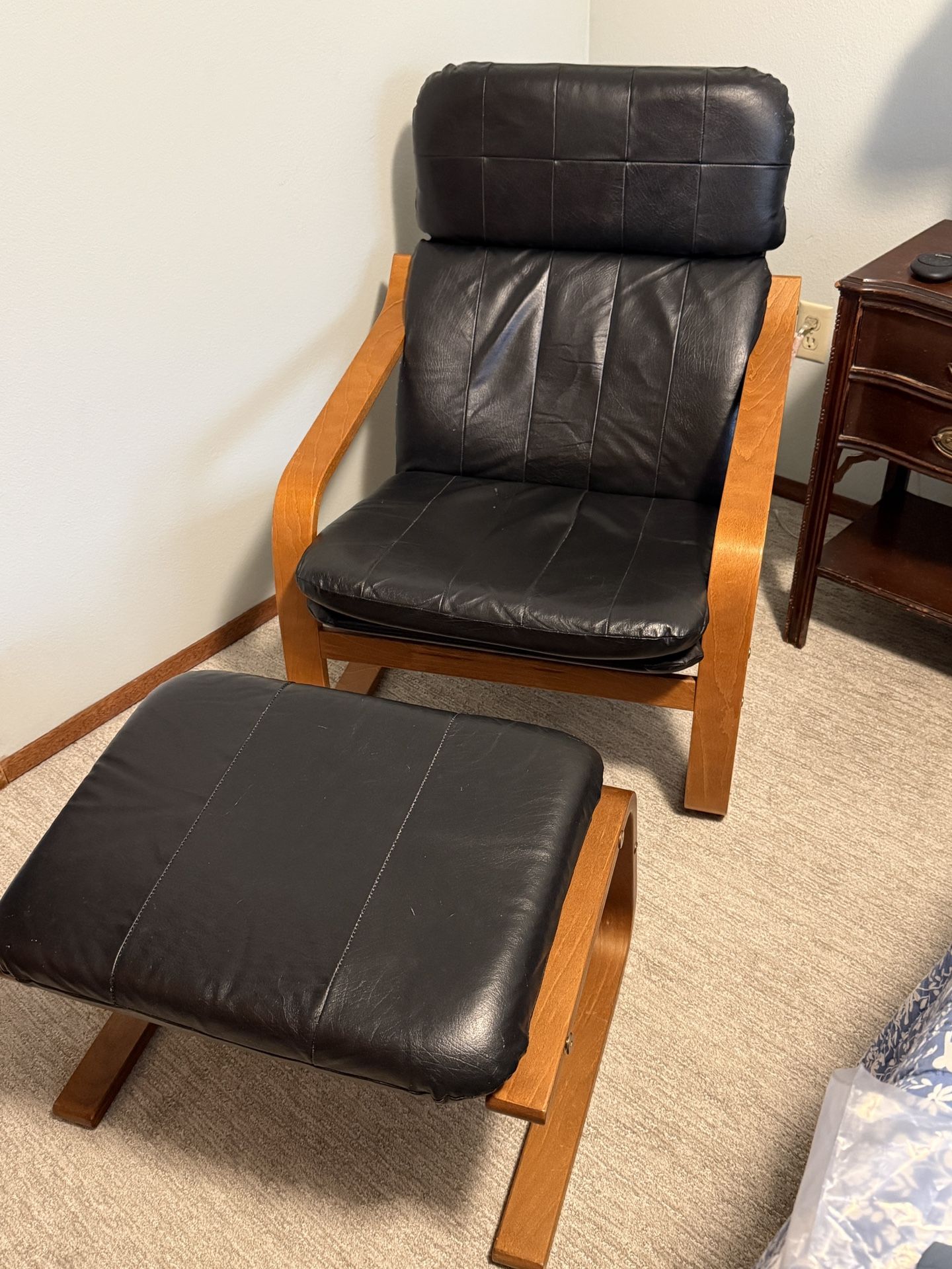 Black Leather and Teak Chair With Ottoman