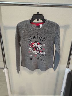 fuzzy gray Disney sweater, Mickey and Minnie Mouse sledding with the text "sleigh all day"., women, size XS