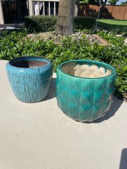 Teal Glazed Ceramic Planters Set of 2