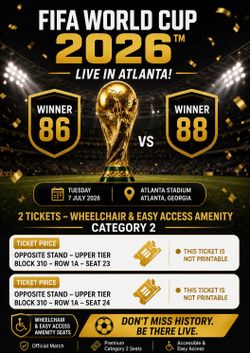 FIFA World Cup 2026-Match 95. Round of 16.  Atlanta July 7 2 Tickets. Section 310.