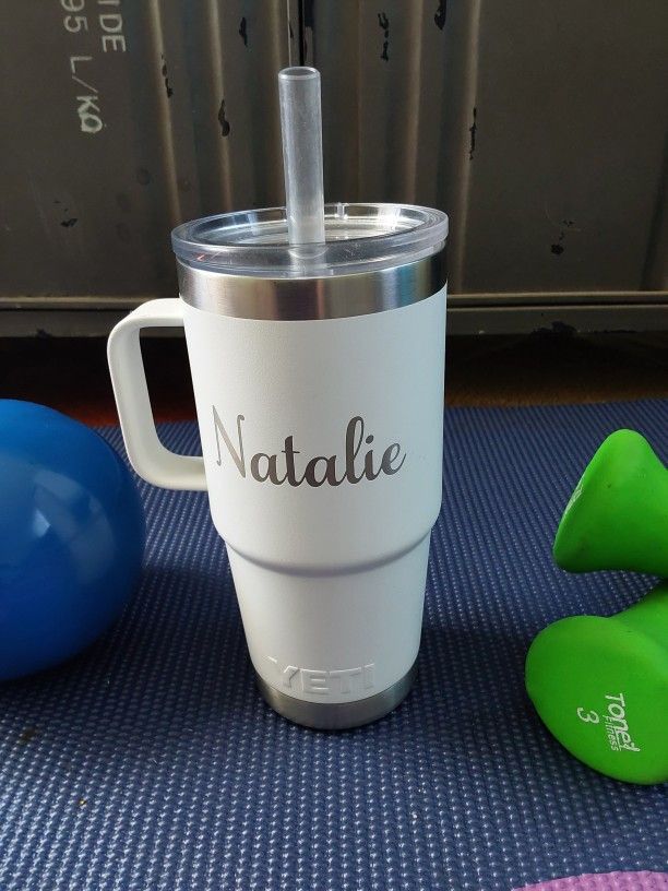 YETI Rambler 35 oz Straw Mug, customized with the name "Natalie" (pre-owned)