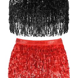 2 Pcs Rave Sequin Tassel Skirt For Music Festival 