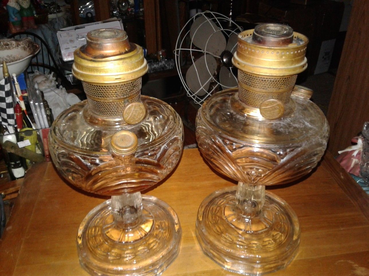 2 Matching Aladdin Oil Lamps Clear Glass antique Old