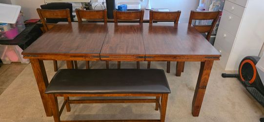 Pub Height Dining Table, 5 Chairs, and Bench